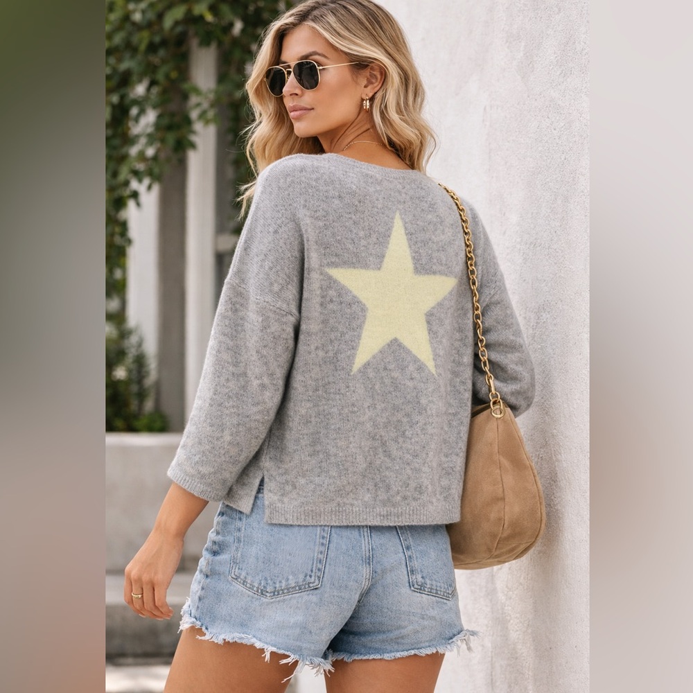 360 Cashmere Star Sweater XS Gray Cashmere Boxy Cropped Boat Neck Lime Intarsia